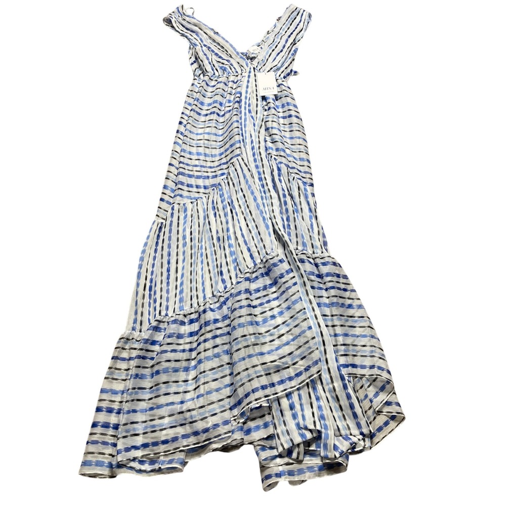 MISA Los Angeles Maxi Dress Women's V Neck Sleeveless Blue White‎ Black Striped